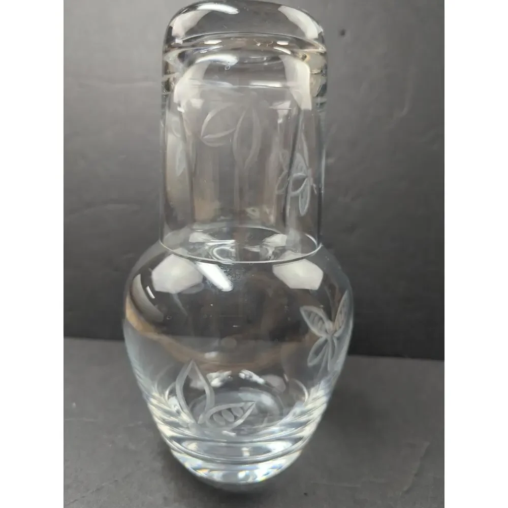 VTG‎ Glass Tumble Up Etched ButterfliesPitcher &Glass Bedside Water Carafe 7 IN